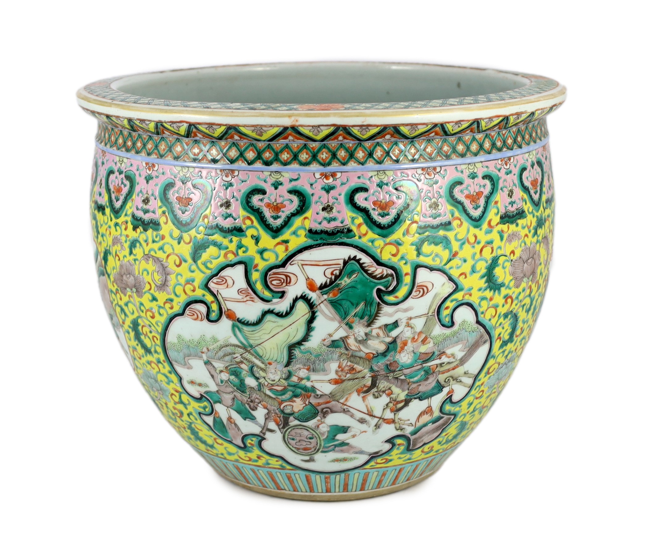 A Chinese enamelled porcelain goldfish bowl, late 19th century, 42cm diameter 35cm high, several short hairline cracks to the body